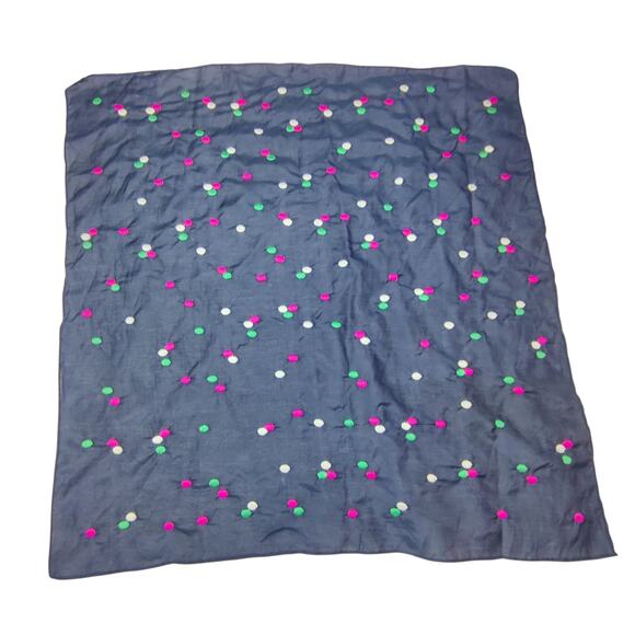 J. Crew Cotton Silk Twee Polka Dot Embroidered Navy Blue Preppy Square Scarf - Picture 1 of 7